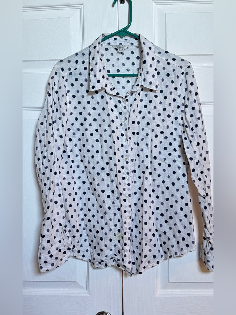 Monsoon 100% Linen Polka Dot Button Up Shirt Women’s US 10 White Blue